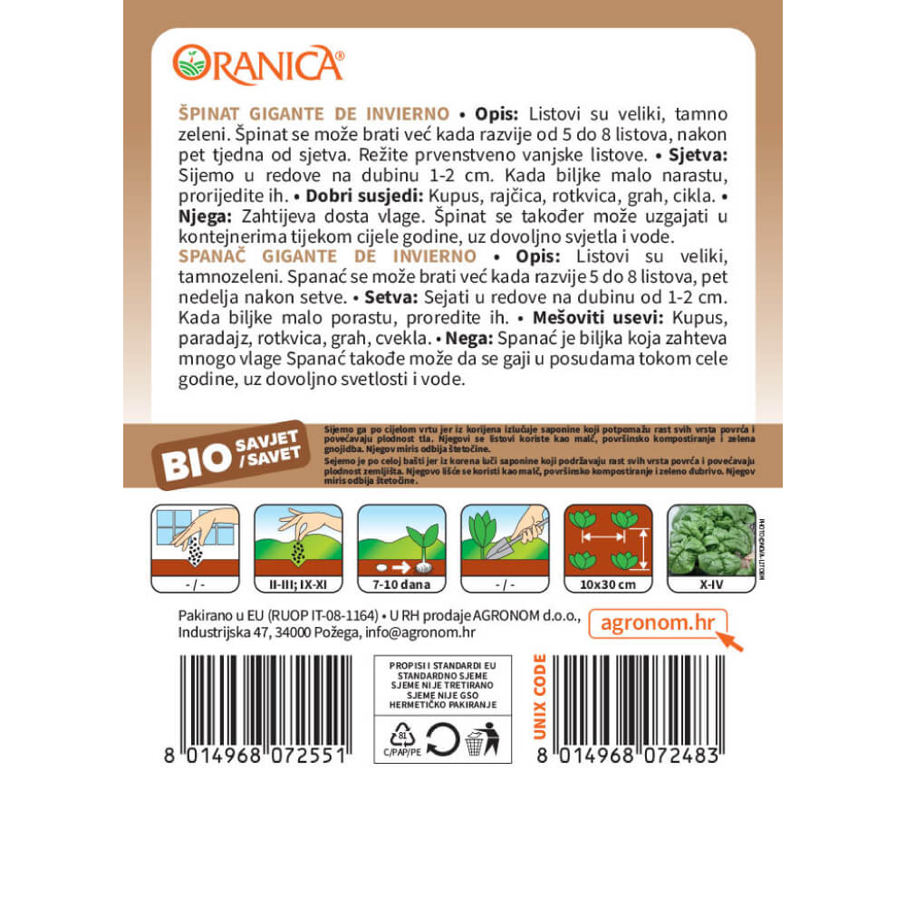 Špinat / Spanać BIO Gigante de Invierno — opis i upute